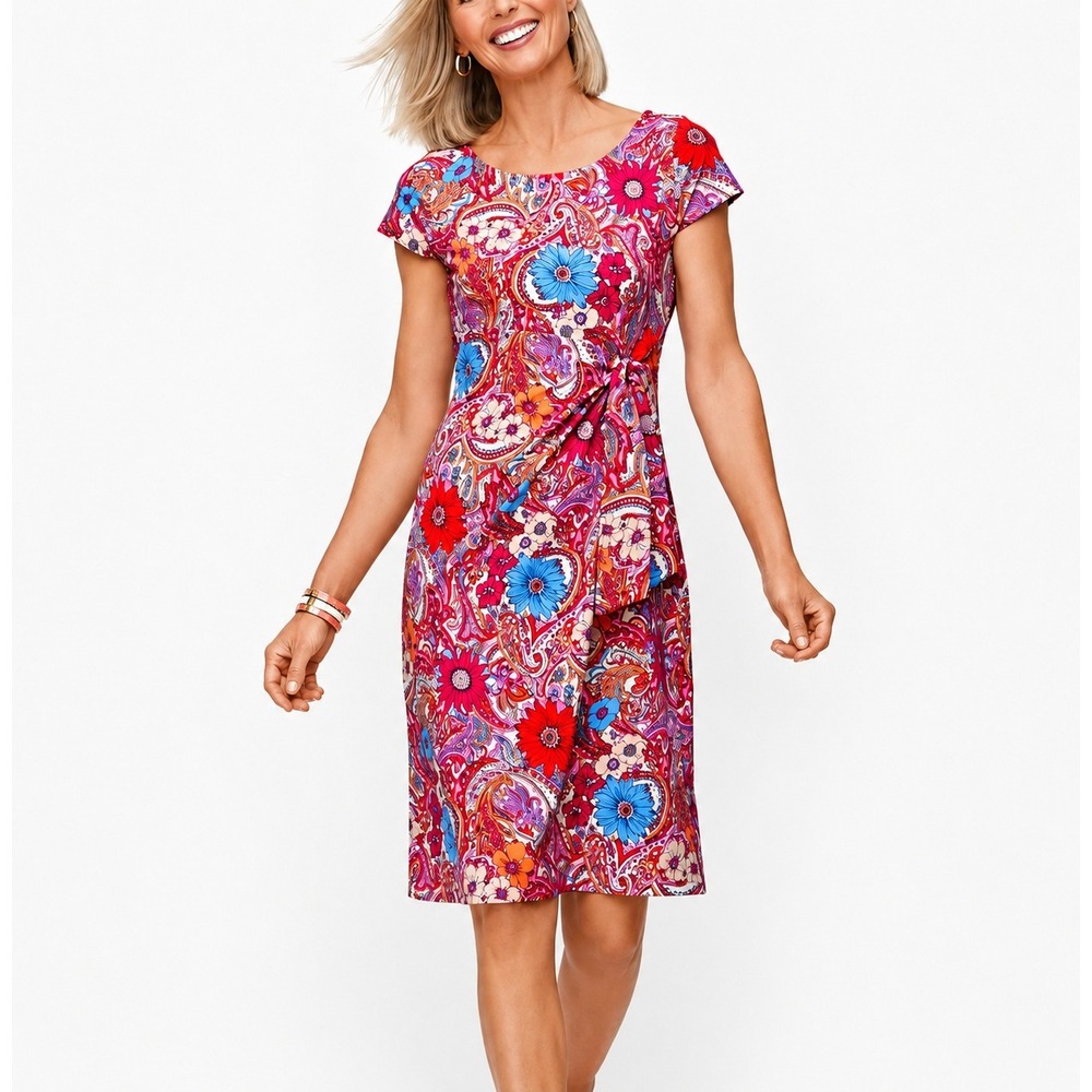 Talbots Plus Island Paisley Tie Detail Sheath Dress 1X Liquid‎ Knit Stretch